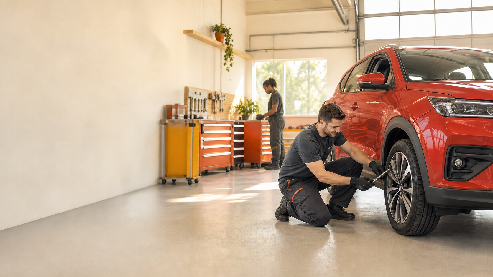 A red SUV being serviced by a diverse automotive team in a bright, professional workshop.